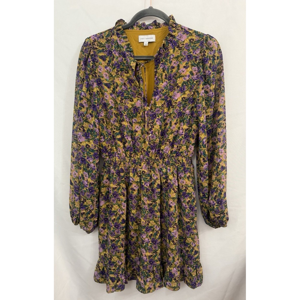 Lost + Wander‎ Mauve Medley Purple Floral Mini Dress Long Sleeve Womens Size S